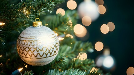 White & Gold Christmas Ornament Close-Up with Bokeh Lights