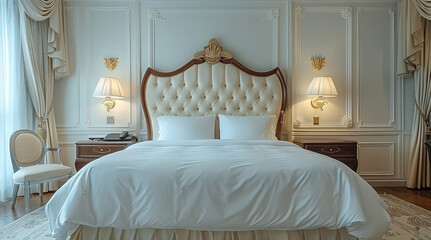Bedroom of an elegant hotel. Generative AI.