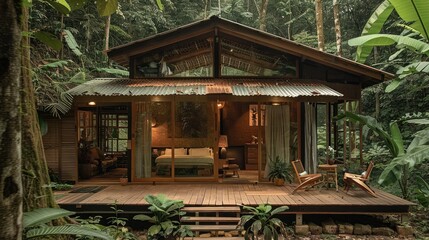 A small cabin in the jungle, made of wood and corrugated iron, a wooden deck and some furniture, surrounded by trees and vegetation. Generative AI.