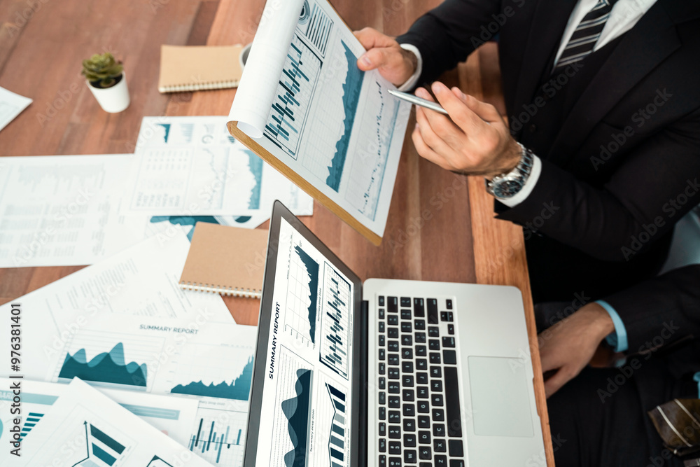 Poster financial data analysis dashboard by fintech bi or business intelligence display on laptop screen to