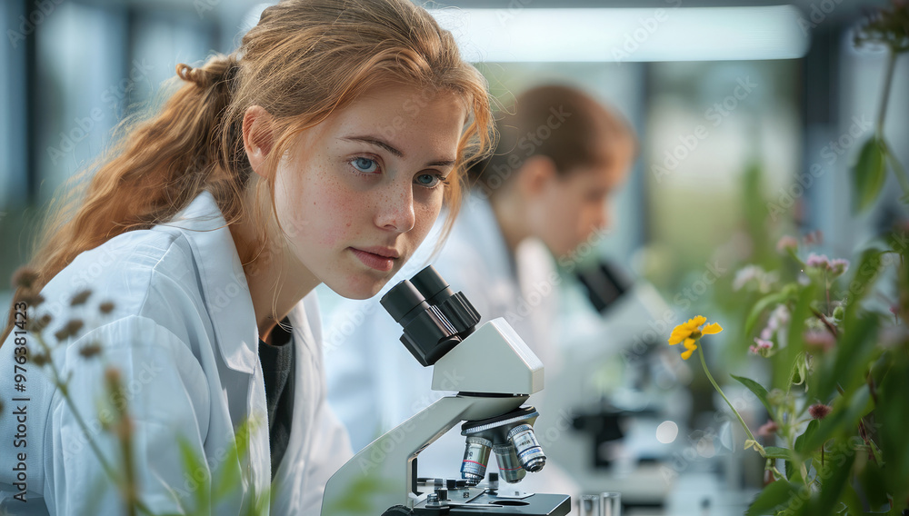 Poster Students in a lab setting, using microscopes and testing soil samples for an environmental science project. Generative AI.