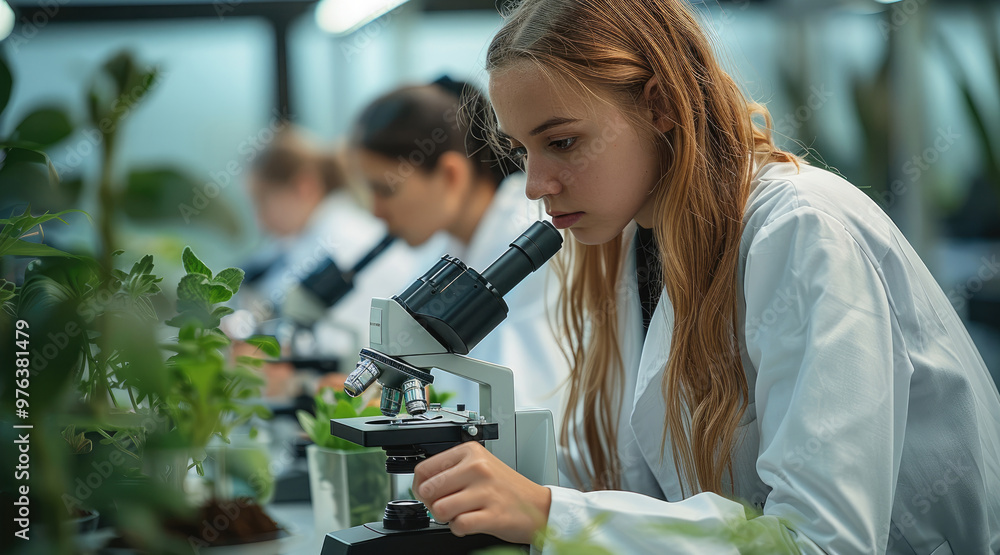 Poster Students in a lab setting, using microscopes and testing soil samples for an environmental science project. Generative AI.