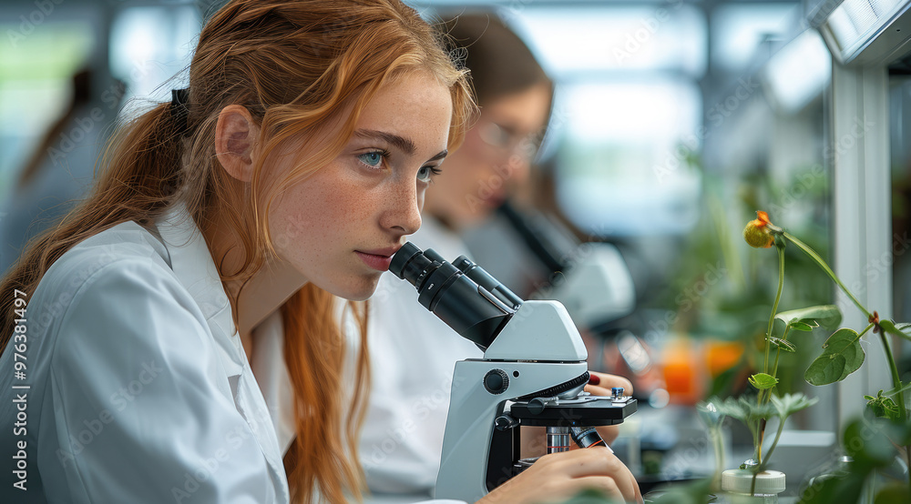 Poster Students in a lab setting, using microscopes and testing soil samples for an environmental science project. Generative AI.