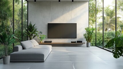 Modern living room featuring large windows and abundant greenery in a spacious design