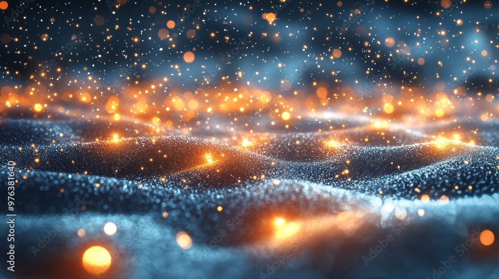 Poster sparkling particles create a mesmerizing effect on a dark, wavy surface during nighttime