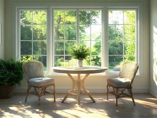 Obraz premium Sunny breakfast nook with round table and soft, inviting cushions picture