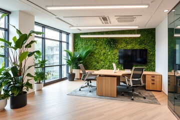 Biophilic design office: Modern workspace integrating green plants and natural elements. Eco-friendly and aesthetically pleasing, creating a sustainable and calming environment.