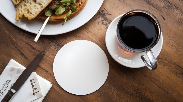 White coaster in a restaurant: Clean and blank, perfect for showcasing a beverage or brand. Ideal for use in pubs, bars, or cafes to enhance dining and drinking experience