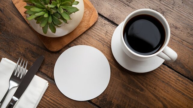 White coaster in a restaurant: Clean and blank, perfect for showcasing a beverage or brand. Ideal for use in pubs, bars, or cafes to enhance dining and drinking experience