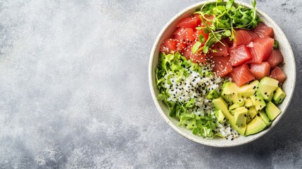 A high-quality AI-generated stock image of a fresh and vibrant poke bowl with tuna and avocado on the right side, leaving space on the left for text. Ideal for health, seafood, and food content.