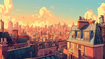Obraz premium Cartoon urban scenery of a rooftop view over a sprawling metropolis
