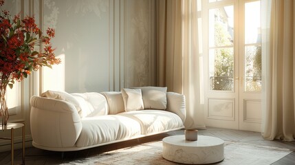Fototapeta premium A white sofa and side table in living room. Generative AI.