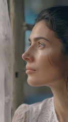 A young woman reflects while looking out a window, her facial features illuminated by soft, warm morning light
