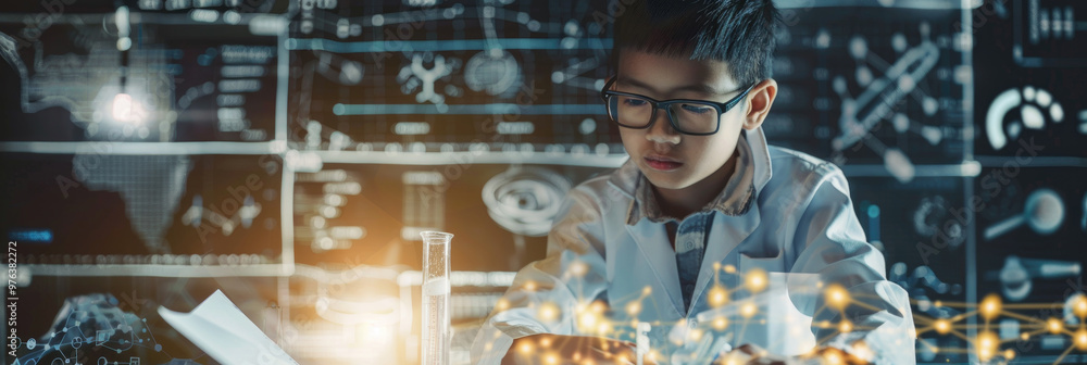 Poster a child in a lab coat examines samples in a high-tech laboratory while surrounded by interactive dis
