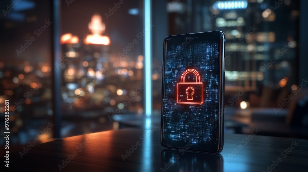 Aufkleber a smartphone displaying a glowing padlock symbol on its screen in a darkened environment with lights