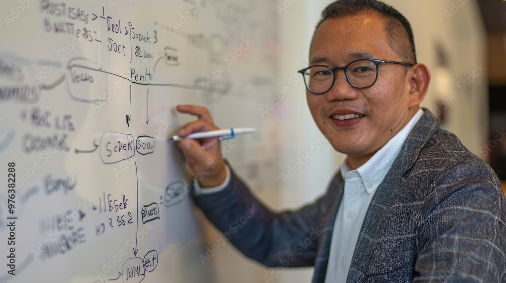 Poster a working professional engaged in an interactive brainstorming session, illustrating key concepts on
