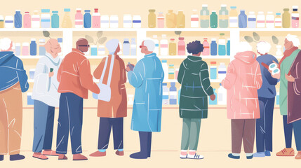 Fototapeta premium A group of older adults in casual clothing examines various medications and health products on well-stocked pharmacy shelves