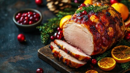 A beautifully roasted pork loin garnished with berries and herbs for a festive holiday table