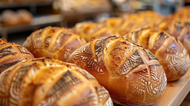 Close-up of freshly baked sourdough bread on display at the bakery, highlighting its golden crust and intricate cross-hatching pattern. Generative AI.