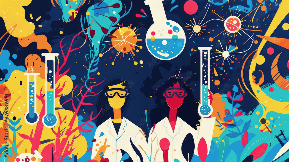 Aufkleber two scientists in lab coats hold beakers, surrounded by colorful patterns and scientific elements in