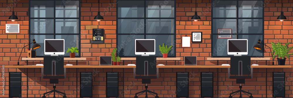 Poster a well-designed workspace features multiple computers and potted plants, providing a bright, invitin