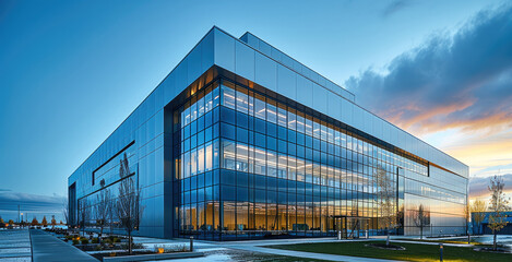 Obraz premium A modern industrial building with a steel and glass exterior, serving as the corporate headquarters for an advanced technology company. Generative AI.