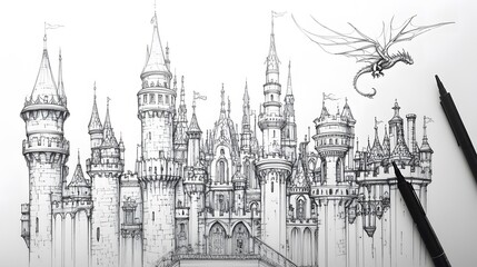 Fototapeta premium 高い城と空を飛ぶドラゴンが描かれたイラストとペン
