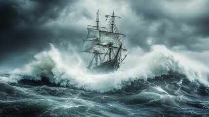 Obraz premium A historic ship battles fierce waves and flames during a stormy night at sea