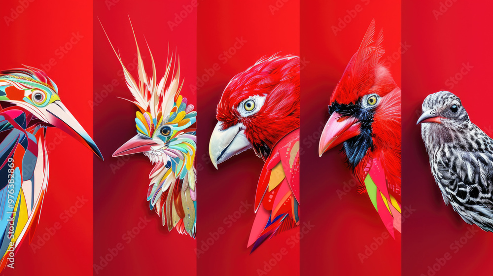 Poster a collection of colorful birds is displayed against a vivid red background, highlighting their diver