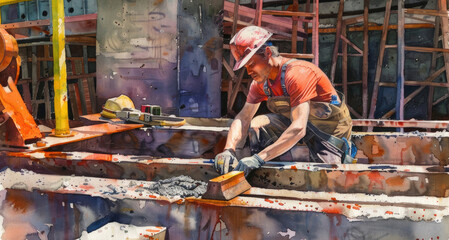 A construction worker is focused on applying cement to a structure at a bustling construction site under bright sunlight