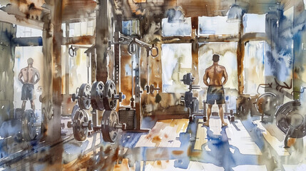 A person trains with weights in a sunny gym, surrounded by various fitness equipment and large windows providing natural light