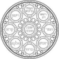 Jewish Rosh Hashanah symbolic plate illustration with Hebrew titles. Judaica black outline decoration. Judaism coloring page. Translation: "A good year"
