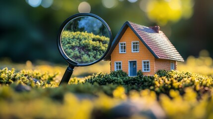 A magnifying glass reveals a vibrant model house surrounded by lush greenery in soft sunlight