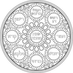 Jewish Rosh Hashanah symbolic plate illustration with Hebrew titles. Judaica black outline decoration. Judaism coloring page. Translation: "A good year"