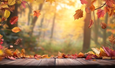 Autumn nature background with sunlight and fall leaves. Free space for text or product display