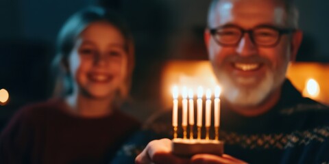 An older man with a beard and glasses sits by a smiling child, holding lit candles in a dark, warm environment, representing family, tradition, and warmth.