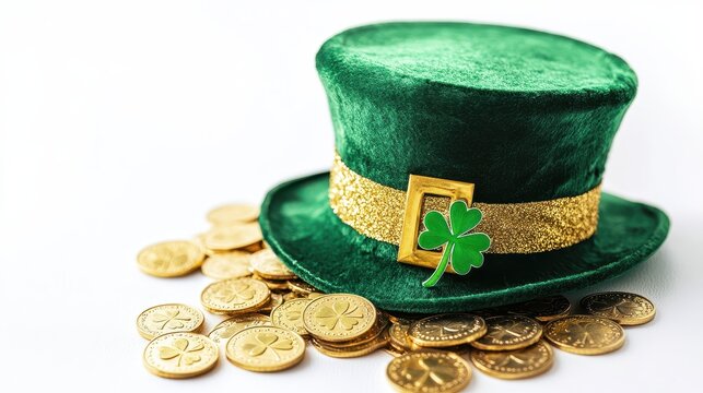 St. Patrick's Day hat featuring shamrocks and surrounded by shiny gold coins ready for celebration