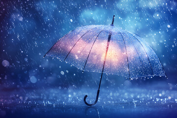 Transparent umbrella under rain against water drops splash background. Rainy weather concept