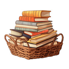 Stack Of Colorful Books In A Wicker Basket For Cozy Home Reading Corner