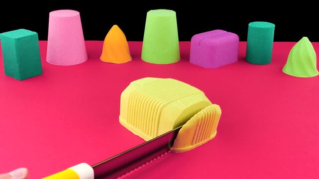 Very Satisfying and Relaxing Kinetic Sand ASMR video. Cutting anti stress macro close up colorful Kinetic Sand with a Knife. ASMR sounds.