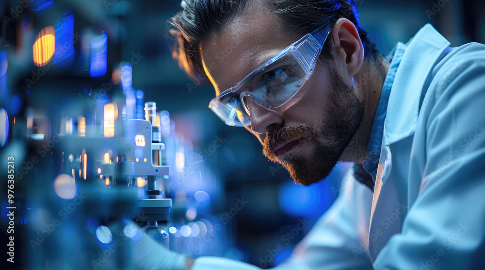 Poster Scientists using a mass spectrometer to analyze complex chemical samples. Generative AI.