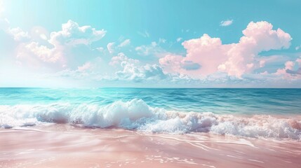 Fototapeta premium Breathtaking view of turquoise waves gently lapping at the white sandy beach of a serene tropical paradise The azure sky is dotted with fluffy clouds