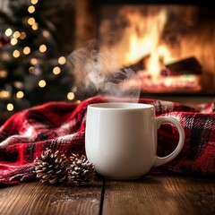 Cozy winter evening with steaming cup of coffee by the fireplace amid festive decorations and a Christmas tree