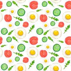 Watercolor illustration, pattern on the theme of food. Drawn by hand. Sausage, bacon, fried eggs, arugula, tomato