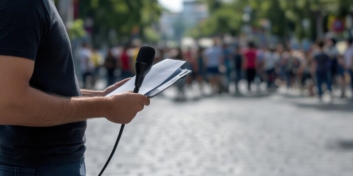 A street performer ready with a microphone and notes, about to engage a crowd in an outdoor setting, representing public speaking and performance art.