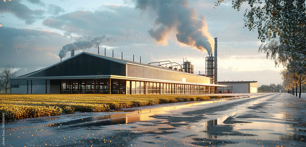 Poster large-scale factory at rural. generative ai.