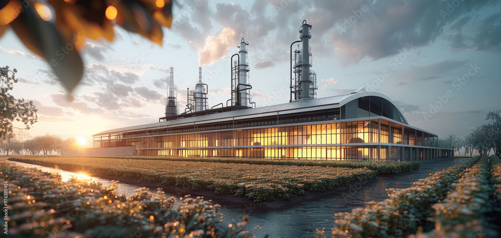 Poster large-scale factory at rural. generative ai.