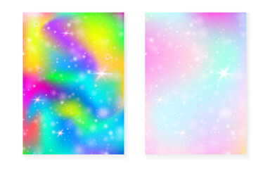 Kawaii background with rainbow princess gradient. Magic unicorn hologram. Holographic fairy set. Vibrant fantasy cover. Kawaii background with sparkles and stars for cute girl party invitation.