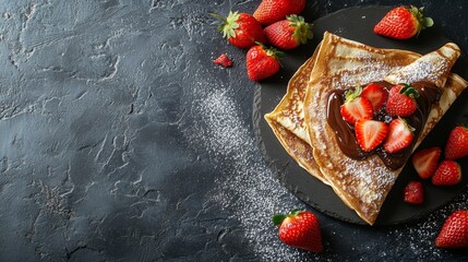 A high-quality AI-generated stock image of a delicious crepe with Nutella and strawberries on the right side, leaving space on the left for text. Ideal for dessert, breakfast, and culinary content.