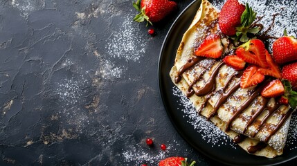 A high-quality AI-generated stock image of a delicious crepe with Nutella and strawberries on the right side, leaving space on the left for text. Ideal for dessert, breakfast, and culinary content.